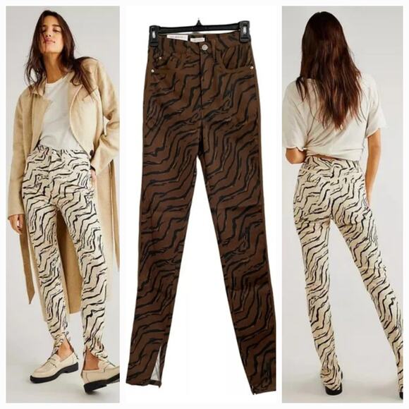New Free People x We Wore What Piped Stiletto Slit Jeans $148 Sz 26 Tiger Brown - Picture 1 of 4